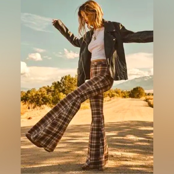 FREE PEOPLE Float On Plaid Flare High Waist Pants - Picture 1 of 14
